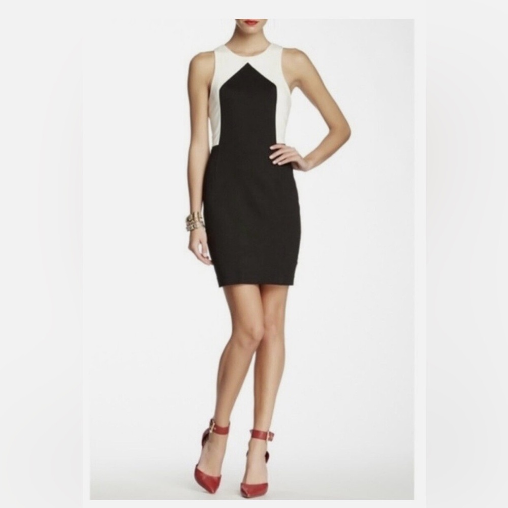 Trina Turk Irvine Bodycon Shift Dress Black &Cream Colorblock Zip Racerback Sz 4